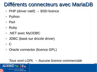 ✔ PHP (driver natif) → BSD licence
✔ Python
✔ Perl
✔ Ruby
✔ .NET avec MyODBC
✔ JDBC (basé sur drizzle driver)
✔ C
✔ Oracle connector (licence GPL)
Tous sont LGPL → Aucune licence commerciale
Différents connecteurs avec MariaDBDifférents connecteurs avec MariaDB
 