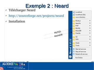 ✔
Télécharger Neard
✔
http://sourceforge.net/projects/neard
✔
Installation
Exemple 2 : NeardExemple 2 : Neard
MySQL
MariaDB
 