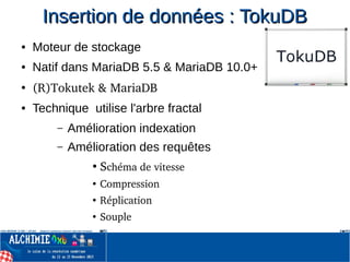 Insertion de données : TokuDBInsertion de données : TokuDB
● Moteur de stockage
● Natif dans MariaDB 5.5 & MariaDB 10.0+
●
(R)Tokutek & MariaDB
● Technique utilise l'arbre fractal
– Amélioration indexation
– Amélioration des requêtes
●
Schéma de vitesse
●
Compression
● Réplication
● Souple
 