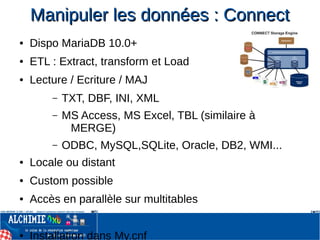 Manipuler les données : ConnectManipuler les données : Connect
● Dispo MariaDB 10.0+
● ETL : Extract, transform et Load
● Lecture / Ecriture / MAJ
– TXT, DBF, INI, XML
– MS Access, MS Excel, TBL (similaire à
MERGE)
– ODBC, MySQL,SQLite, Oracle, DB2, WMI...
● Locale ou distant
● Custom possible
● Accès en parallèle sur multitables
● Installation dans My.cnf
 