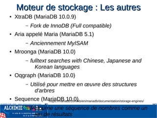 Moteur de stockage : Les autresMoteur de stockage : Les autres
● XtraDB (MariaDB 10.0.9)
– Fork de InnoDB (Full compatible)
● Aria appelé Maria (MariaDB 5.1)
– Anciennement MyISAM
● Mroonga (MariaDB 10.0)
– fulltext searches with Chinese, Japanese and
Korean languages
● Oqgraph (MariaDB 10.0)
– Utilisé pour mettre en œuvre des structures
d'arbres
● Sequence (MariaDB 10.0)
– Retourne une séquence de nombres comme un
jeu de résultats
https://mariadb.com/kb/en/mariadb/documentation/storage-engines/
 