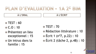 À L’ORAL À L’ÉCRIT
 TEST : 60
 C.O : 10
 Présentez un lieu
exceptionnel : 15
 Un intrus dans la
famille : 15
 TEST : 70
 Rédaction littérature : 10
 Écrit 1 (nº7, p.22) : 10
 Écrit 2 (tâche 2, p.48) : 10
10
 