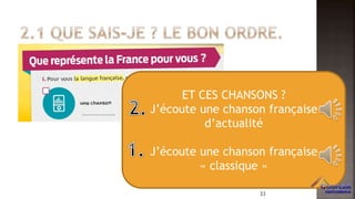 ET CES CHANSONS ?
J’écoute une chanson française
d’actualité
J’écoute une chanson française
« classique »
33
 