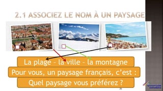 La plage – la ville – la montagne
Pour vous, un paysage français, c’est :
Quel paysage vous préférez ?
36
 