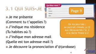  Je me présente
(Comment tu t’appelles ?)
 J’indique ma résidence
(Tu habites où ?)
 J’indique mon adresse mail
(Quelle est ton adresse mail ?)
 Je découvre la prononciation d’@(arobase)
On ira plus loin :
au portrait chinois, p.12
aux Découvertes l’U. 2
à la tâche finale U.2
Page 9
45
 