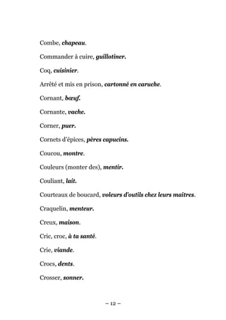 Combe, chapeau.

Commander à cuire, guillotiner.

Coq, cuisinier.

Arrêté et mis en prison, cartonné en caruche.

Cornant, bœuf.

Cornante, vache.

Corner, puer.

Cornets d’épices, pères capucins.

Coucou, montre.

Couleurs (monter des), mentir.

Couliant, lait.

Courteaux de boucard, voleurs d’outils chez leurs maîtres.

Craquelin, menteur.

Creux, maison.

Cric, croc, à ta santé.

Crie, viande.

Crocs, dents.

Crosser, sonner.



                          – 12 –
 