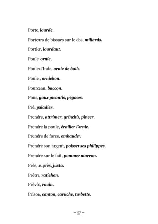 Porte, lourde.

Porteurs de bissacs sur le dos, millards.

Portier, lourdaut.

Poule, ornie,

Poule d'Inde, ornie de balle.

Poulet, ornichon.

Pourceau, baccon.

Pous, gaux picantis, pégoces.

Pré, paladier.

Prendre, attrimer, grinchir, pincer.

Prendre la poule, érailler l'ornie.

Prendre de force, embauder.

Prendre son argent, poisser ses philippes.

Prendre sur le fait, pommer marron.

Près, auprès, juxta.

Prêtre, ratichon.

Prévôt, rouin.

Prison, canton, caruche, turbette.



                         – 57 –
 