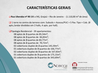  Rua Uberaba nº 90 (88 a 94), Grajaú – Rio de Janeiro - (1.110,00 m² de área)
 1 torre no centro do terreno com: Subsolo + Acesso/PUC + 5 Pav. Tipo + Cob. (8
apts./andar divididos em 2 halls, 4 apts. por hall).
Tipologia Residencial - 39 apartamentos:
08 aptos de 3 quartos de 85,54m²;
08 aptos de 3 quartos de 84,83m²;
08 aptos de 3 quartos de 83,77m²;
08 aptos de 2 quartos de 70,72m²;
02 coberturas duplex de 2 quartos 145,59m²;
01 cobertura duplex de 3 quartos de 166,77m²;
02 coberturas duplex de 3 quartos de 167,83m²;
01 cobertura duplex de 3 quartos de 175,15m²;
01 cobertura duplex de 3 quartos de 343,69m².
CARACTERÍSTICAS GERAIS
 