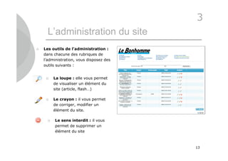 3
      L’administration du site
   Les outils de l’administration :
    dans chacune des rubriques de
    l’administration, vous disposez des
    outils suivants :


         La loupe : elle vous permet
          de visualiser un élément du
          site (article, flash…)

         Le crayon : il vous permet
          de corriger, modifier un
          élément du site.

         Le sens interdit : il vous
          permet de supprimer un
          élément du site



                                          13
 