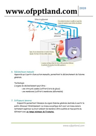 www.ofpptland.com
2020
www.ofpptland.com
6. Déclencheurs manuels
Appareils qui à partir d’une action manuelle, permettent le déclenchement de l’alarme
générale.
Technologie
L’organe de déclenchement peut-être :
- une vitre pré cassée (coffret à bris de glace)
- une membrane (coffret à membrane déformable)
7. Diffuseurs sonores
Dispositifs permettant l’émission du signal d’alarme générale destinée à avertir le
public d’évacuer l’établissement. Le niveau acoustique doit avoir un niveau sonore
nettement supérieur au bruit ambiant de manière à être audible en tous points du
bâtiment avec un temps minimum de 5 minutes.
 