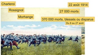 27 000 morts
Charleroi
Rossignol
Morhange
22 août 1914
370 000 morts, blessés ou disparus
Du 8 au 27 août
 