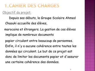 Objectif du projet:
Depuis ses débuts, le Groupe Scolaire Ahmed
Chaouki accueille des élèves,
marocains et étrangers. La gestion de ces élèves
implique de nombreux documents
papier circulant entre beaucoup de personnes.
Enfin, il n'y a aucune cohérence entre toutes les
données qui circulent. Le but de ce projet est
donc de limiter les documents papier et d'assurer
une certaine cohérence des données.
8
 