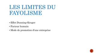 LES LIMITES DU 
FAYOLISME 
 Effet Dunning-Kruger 
 Facteur humain 
 Mode de promotion d’une entreprise 
 