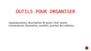OUTILS POUR ORGANISER 
organigramme, description de poste, état-major, 
recrutement, formation, carrière, gestion des salaires. 
 
