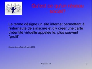 Préparation C2i 2
Qu'est ce qu'un réseau
social?
Le terme désigne un site internet permettant à
l'internaute de s'inscrire et d'y créer une carte
d'identité virtuelle appelée le, plus souvent
"profil"
Source: blog.lefigaro.fr-Mars 2012
 