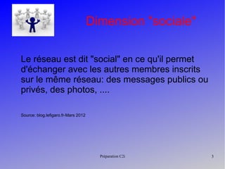 Préparation C2i 3
Dimension "sociale"
Le réseau est dit "social" en ce qu'il permet
d'échanger avec les autres membres inscrits
sur le même réseau: des messages publics ou
privés, des photos, ....
Source: blog.lefigaro.fr-Mars 2012
 