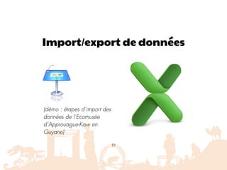 Import/export de données
(démo : étapes d’import des
données de l’Ecomusée
d’Approuague-Kaw en
Guyane)
12
 