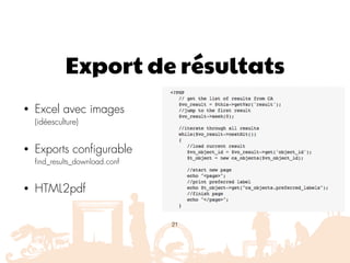 Export de résultats
• Excel avec images 
(idéesculture)
• Exports configurable
find_results_download.conf
• HTML2pdf
21
 