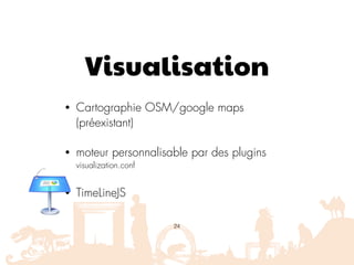 Visualisation
• Cartographie OSM/google maps
(préexistant)
• moteur personnalisable par des plugins 
visualization.conf
• TimeLineJS
24
 