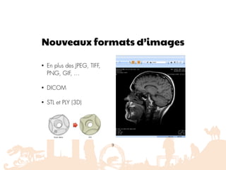 Nouveaux formats d’images
• En plus des JPEG, TIFF,
PNG, GIF, …
• DICOM
• STL et PLY (3D)
9
 