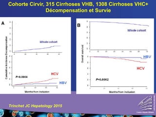 Cohorte Cirvir, 315 Cirrhoses VHB, 1308 Cirrhoses VHC+
Décompensation et Survie
Trinchet JC Hepatology 2015
 