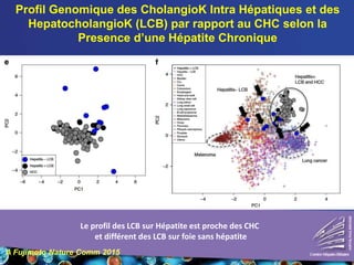 Profil Genomique des CholangioK Intra Hépatiques et des
HepatocholangioK (LCB) par rapport au CHC selon la
Presence d’une Hépatite Chronique
A Fujimoto Nature Comm 2015
Le profil des LCB sur Hépatite est proche des CHC
et différent des LCB sur foie sans hépatite
 