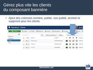 tbformation.com
Gérez plus vite les clients
du composant bannière
● Ajout des colonnes nombre, publié, non publié, archivé et
supprimé pour les clients
 