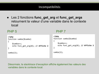 Incompatibilités
● Les 2 fonctions func_get_arg et func_get_args
retournent la valeur d’une variable dans le contexte
local
PHP 5 PHP 7
<?php
function samba($samba)
{
$samba++;
echo func_get_arg(0); // Affiche 2
}
samba(2);
<?php
function samba($samba)
{
$samba++;
echo func_get_arg(0); // Affiche 3
}
samba(2);
Désormais, la stacktrace d’exception affiche également les valeurs des
variables dans le contexte local.
 