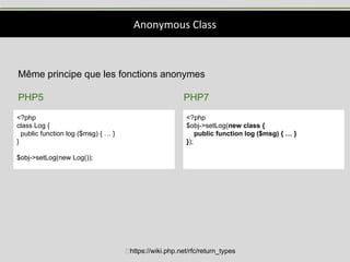 Anonymous Class
https://wiki.php.net/rfc/return_types
Même principe que les fonctions anonymes
PHP5 PHP7
<?php
class Log {
public function log ($msg) { … }
}
$obj->setLog(new Log());
<?php
$obj->setLog(new class {
public function log ($msg) { … }
});
 