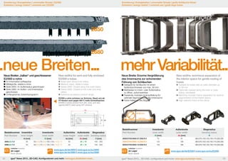 Erweiterung | Energieketten | universeller Einsatz | E2/000
Extension | energy chains® | universal use | E2/000

Erweiterung | Energieketten | universeller Einsatz | große Schläuche führen
Extension | energy chains® | universal use | guide large hoses

2650

2680

Ø36

90,9
25005.10.D36

41

35

62

62

49,4
41
74

8
Ø5

150
166,2

188
35005.200.D80 45/85.1

Ø8

0

Ø 80

200
220

3200.xxx

62

Ø8

0

Innenbreite
inner width

Außenbreite
outer width

Bi [mm]

8
Ø5

Ba [mm]

R

91

063 | 075 | 100 | 125 | 150 | 175 | 200 | 250

136

063 | 075 | 100 | 125 | 150 | 175 | 200 | 250

166

063 | 075 | 100 | 125 | 150 | 175 | 200 | 250

Ø 80

3200.xxx
150
166,2

75

Ba [mm]

R [mm]

2600/2700/2650.07.D58.R.0

2650.Bi.R.0

35

50 | 65 | 75 | 90 | 100 | 125 | 150 | 175

50

Bi + 16

100 - 250

2600/2700/2650.12.D58.R.0

120

2680.Bi.R.0

35

50 | 65 | 75 | 90 | 100 | 125 | 150 | 175

50

Bi + 16

100 - 250

2600/2700/2650.15.D58.R.0

150

99,5
85

8
Ø5

188
35005.200.D80 45/85.1

ha [mm]

Ø8

62

u

74

50

41

138,1
88
35/62.1
27005.15.D58
35005.100.D80

75
91,2

88
35005.100.D80

3200.xxx

75
91,2
2300.xxx

3200.xxx

Bi [mm]

100

188 120
35005.200.D80 45/85.1

200
220

3200.xxx

Biegeradius
bending radius

0

Lieferbar AvailableØ80

ab Lager
from stock
100

120

igus® News 2013...3D-CAD, Konfiguratoren und mehr: www.igus.de/eketten-news...

8
25/41.1
Ø5

150
100
166,2
120

hi [mm]

22

35/62.1

25/41.1

Ø36

99,5
85

50

74

8
Ø5

62

Bestellnummer
Part Number

Außenhöhe Außenbreite Biegeradius
outer height outer width bending radius

www.igus.de/de/2650 | www.igus.eu/eu/2650
www.igus.de/de/2680 | www.igus.eu/eu/2680

138,1

27005.15.D58

88
138,1
35005.100.D80
35/62.1

27005.15.D58

2300.xxx
103 75
119,2 91,2

63
27005.07.D58

ab Lager
from stock

2300.xxx

Ø36

103
119,2

8
Ø5

124 mm
35

49,4
41

ha

Ø36

57
73,2

Lieferbar Available

90,9
25005.10.D36

25/41.1

Ø36

103
119,2

63
27005.07.D58

63
27005.07.D58

Ø 58 mm

44,9
25005.05.D36

Innenbreite
inner width

57
73,2

44,9
25005.05.D36

Ba
Bi

Bestellnummer Innenhöhe
Part Number
inner height

90,9
25005.10.D36

Ø36

57
73,2

hi

	Suitable for hoses with an outer diameter up
	 to 58 mm
	Optionally opened along the inner or outer
	 radius, swivelable
	Matching modular interior separation for optimal 	
	 segmentation of the interior space
	High retention force of the clamp

44,9
25005.05.D36

50

E2/000 e-rohre schützen vor Schmutz, Staub und als
HT-Version auch gegen 850°C heiße Schweißspritzer
E2/000 e-tubes protect from dirt, dust, and also
against 850°C weld spray (HT version)

	Geeignet für Schläuche mit einem
	 Außendurchmesser von max. 58 mm
	Wahlweise im Innen- oder Außenradius
	 zu öffnen, aufschwenkbar
	Passende modulare Innenaufteilung für
	 optimale Segmentierung des Innenraums
Bi
	Hohe Haltekraft des Bügels
Ba

41

	Snap-open along inner radius
Ba
	Medium-sized, stable e-tubes
Bi
	Series 2650: Closed along the outer radius
	Series 2680: Closed on the outer and inner 	
	radius
	Extensive accessory product range

New widths: enormous expansion of
the interior space for gentle routing of
hoses

99,5
85

	Im Innenradius aufklappbar
	Mittelgroße, stabile e-rohre
	Serie 2650: Im Außenradius geschlossen
	Serie 2680: Im Außen- und Innenradius
	geschlossen
	Umfangreiches Zubehörprogramm

Neue Breite: Enorme Vergrößerung
des Innenraums zur schonenden
Führung von Schläuchen

35

New widths for semi and fully enclosed
E2/000 e-tubes

62

Neue Breiten „halber“ und geschlossener
E2/000 e-rohre

mehr Variabilität...
49,4
41

..neue Breiten...

www.igus.de/de/E2000 | www.igus.eu/eu/E2000
200
220

3200.xxx

igus® News 2013... 3D-CAD, configurators and more: www.igus.eu/echain-news...

23

 
