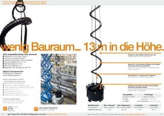 Neuheit | Energieketten | vertikale Energiezuführung | liftband
Innovation | energy chains® | vertical energy supply | liftband

.wenig Bauraum... 13 m in die Höhe..
2012 vorgestellte Studie, jetzt serienreif

Haltegurte, gleichmäßige Verteilung der Last
Retainer belts, even load distribution

	Alternative zur Zick-Zack-Lösung
	Leichter und weniger Bauraum
	Vertikale Anwendungen einfach realisieren
	Geschwindigkeiten bis zu 1 m/s
	Beschleunigung bis 2 m/s2
	Max. Auszugslänge 13 m
	Biegeradius der Leitungen bis 250 mm

easy triflex® zum einfachen Einlegen der Leitungen
inklusive einfacher Innenaufteilung
easy triflex® for easy insertion of cables and easy
interior separation

Mögliche Einsatzbereiche:
Bühnentechnik, Hallenkrane,
mobile Teleskopantennen

Nylonbänder für „unbegrenztes“ Füllgewicht
Nylon tapes for ”unlimited“ filling weight

Study proposed in 2012
- now ready for series use

	Alternative to Zig-Zag solution
	Lighter and smaller installation space
	Vertical applications implemented with ease
	Speeds up to 1 m/s
	Acceleration up to 2 m/s2
	Max. expansion length: 13 m
	Cable bending radius up to 250 mm

Variables Korbsystem aus Stahl für die optimale
Rinnenhöhe bei jedem System
Variable basket system made from steel for optimal
trough height on any system

Auszugshöhe
Extension height
0-4m
4 - 13 m

Potential applications:

Stage technology, indoor cranes,
mobile telescoping antennas
Lieferbar Available

ab Juni
from june
30

online finden & berechnen
find online & calculate

igus® News 2013...3D-CAD, Konfiguratoren und mehr: www.igus.de/eketten-news...

Bestellnummer
Part Number
LB.E332.32.2.250.LL.01.0

Korbdesign
Basket design
ohne Korb without basket
Korb teleskopierbar Telescoping basket

Max. Leitung Ø
Max. cable Ø

Max. Biegeradius
Max. bending radius

Innenhöhe
Inner height

Innenbreite
Inner width

12 mm

250 mm

17 mm

32 mm

igus® News 2013... 3D-CAD, configurators and more: www.igus.eu/echain-news...

31

 