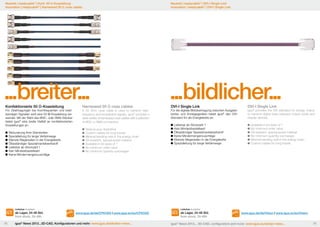 Neuheit | e-ketten® | rollen statt gleiten | energieeffizient | für lange Verfahrwege
readycable® | Konf. 50 Ω-Koaxleitung
Innovation | readycable® | ® | rolling instead coax cables
New innovation | e-chains Harnessed 50 Ω of gliding | energy efficient | for long travels

Neuheit | readycablerollen statt gleiten | energieeffizient | für lange Verfahrwege
e-ketten® | ® | DVI-I Single Link
Innovation | readycable® | ® | rolling instead of gliding | energy efficient | for long travels
New innovation | e-chains DVI-I Single Link

...breiter... 				 ...bildlicher...
Konfektionierte 50 Ω-Koaxleitung

Für Übertragungen bei hochfrequenten und breitbandigen Signalen wird eine 50 Ω-Koaxleitung verwendet. Mit der Wahl des BNC- oder SMA-Stecker
bietet igus® eine breite Vielfalt an konfektionierten
Koaxleitungen an.
	Reduzierung Ihrer Standzeiten
	Spezialleitung für lange Verfahrwege
	Kleinste Biegeradien in der Energiekette
	Ölbeständiger Spezialmantelwerkstoff
	Lieferbar ab Stückzahl 1
	Kein Mindestbestellwert
	Keine Mindermengenzuschläge

Harnessed 50 Ω coax cables

A 50 Ohm coax cable is used to transmit highfrequency and broadband signals. igus® provides a
wide variety of harnessed coax cables with a selection
of BNC or SMA connectors.
	Reduce your downtime
	Custom cables for long travels
	Minimal bending radii in the energy chain
	Oil-resistant, special jacket material
	Available in lot-sizes of 1
	No minimum order value
	No minimum quantity surcharges

Lieferbar Available

ab Lager, 24-48 Std.
from stock, 24-48h
78

DVI-I Single Link

Für die digitale Bildübertragung zwischen Ausgabekarten und Anzeigegeräten bietet igus® den DVIStandard für die Energiekette an.
	Lieferbar ab Stückzahl 1
	Kein Mindestbestellwert
	Ölbeständiger Spezialmantelwerkstoff
	Keine Mindermengenzuschläge
	Kleinste Biegeradien in der Energiekette
	Spezialleitung für lange Verfahrwege

DVI-I Single Link

igus® provides the DVI standard for energy chains
to transmit digital video between output cards and
display devices.
	Available in lot-sizes of 1
	No minimum order value
	Oil-resistant, special jacket material
	No minimum quantity surcharges
	Minimal bending radii in the energy chain
	Custom cables for long travels

Lieferbar Available

www.igus.de/de/CFKOAX | www.igus.eu/eu/CFKOAX

igus® News 2013...3D-CAD, Konfiguratoren und mehr: www.igus.de/eketten-news...

ab Lager, 24-48 Std.
from stock, 24-48h

www.igus.de/de/Vision | www.igus.eu/eu/Vision

igus® News 2013... 3D-CAD, configurators and more: www.igus.eu/echain-news...

79

 