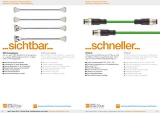 Neuheit | readycable® | Profinet
Innovation | readycable® | Profinet

Neuheit | readycable® | VGA-Koaxleitung
Innovation | readycable® | VGA-Koaxleitung

...sichtbar...			
VGA-Koaxleitung

VGA coax cables

Neu von igus®: VGA-Standard für die Energiekette
zur analogen Bildübertragung zwischen Ausgabekarten und Anzeigegeräten.

igus® provides the VGA standard in energy chains,
which is used for analog video transmission between
output cards and display devices.

Reduzierung Ihrer Standzeiten
Spezialleitung für lange Verfahrwege
Kleinste Biegeradien in der Energiekette
Ölbeständiger Spezialmantelwerkstoff
Lieferbar ab Stückzahl 1
Kein Mindestbestellwert
Keine Mindermengenzuschläge

	Reduce your downtime
	Custom cables for long travels
	Minimal bending radii in the energy chain
	Oil-resistant, special jacket material
	Available in lot-sizes of 1
	No minimum order value
	No minimum quantity surcharges

Lieferbar Available

ab Lager, 24-48 Std.
from stock, 24-48h
80

...schneller...
Profinet

Profinet

Profinet verbindet die Erfahrung von Profibus und die
Flexibilität von Ethernet. igus® bietet diese Technologie mit unterschiedlichen Steckerlösungen an.

Profinet combines the experience of Profibus and
the flexibility of Ethernet. igus® offers this technology
with different connector solutions.

	Große Qualitätsauswahl PVC, PUR u. TPE
	Optimale Konnektivität durch Schraubanschluss
	Schutzart IP 67
	Kleine M12-Bauform
	RJ45-Technik auch bei Profinet
	Lieferbar ab Stückzahl 1
	Kein Mindestbestellwert
	Keine Mindermengenzuschläge

	High quality selection of PVC, PUR and TPE
	Optimum connectivity through screw connection
	Protection class IP 67
	Small M12 design
	RJ45 technology also with Profinet
	Available in lot-sizes of 1
	No minimum order value
	No minimum quantity surcharges

Lieferbar Available

www.igus.de/de/Vision | www.igus.eu/eu/Vision

igus® News 2013...Online Shop, Konfiguratoren und mehr: www.igus.de/chainflex-news...

ab Lager, 24-48 Std.
from stock, 24-48h

www.igus.de/de/Profinet | www.igus.eu/eu/Profinet

igus® News 2013...Online shop, configurators and more: www.igus.eu/chainflex-news...

81

 