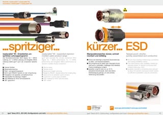 Neuheit | readycable® | readycable® M
Innovation | readycable® | readycable® M

...spritziger...
readycable® M – Erweitertes umspritztes Leitungsprogramm

readycable® M – expanded injection
molded cable product range

Die Rundsteckverbinder M23 Signal, Gr. 1 (M23)
Leistung, Gr. 1,5 (M40) Leistung und Singletec (M23)
Leistung bietet igus® auch als umspritzte Variante
an.

igus® also provides the circular connectors M23
Signal, Sz. 1 (M23) performance, Sz. 1.5 (M40)
performance and Singletec (M23) performance as
injection molded circular connectors.

	Diverse Größen
	Manipulationssicher
	Platz- und gewichtssparend
	Dicht nach IP66/67 bereits vor der Umspritzung
	Preisgleich mit speedtec schnellverschluss
	Individuelles Kundenlogo möglich
	ESD-Material für ATEX Schutzbereiche
	360° geschirmt

	Various sizes
	Tamper proof
	Space and weight reducing
	Sealed to IP66/67, already before the molding step
	Same price as speedtec quick connect
	Customer‘s custom logo possible
	ESD material for ATEX secured areas
	360° shield

kürzer... ESD
Manipulationssicher, kürzer, schnell
montiert und leitfähig

Tamper-proof, shorter,
quickly assembled and conductive

Kürzer als bisherige umspritzte Steckverbinder,
	 so platz- und bauraumsparend
Die Umspritzung ist neben dem Standard-Kunst-	
	 stoff auch in speziellem, leitfähigen ESD-Material 	
	 (Farbe schiefergrau) möglich
speedtec sorgt für eine um ca. 50 %
	 reduzierte Anschlusszeit, denn eine kleine
	 Drehbewegung genügt, um eine sichere
	 Verbindung herzustellen.

	Shorter than existing molded plug connectors, 	
	 thus saving installation space
	The overmolding is also available, beside the 	
	 standard plastic, in special conductive ESD
	 material (slate gray color)
	speedtec ensures a connecting time reduced
	 by about 50 percent, because a small rotation
	 is sufficient to establish a secure connection.

Lieferbar Available

auf Anfrage
on request
84

igus® News 2013...3D-CAD, Konfiguratoren und mehr: www.igus.de/chainflex-news...

www.igus.de/imolded | www.igus.eu/imolded

igus® News 2013...Online shop, configurators and more: www.igus.eu/chainflex-news...

85

 