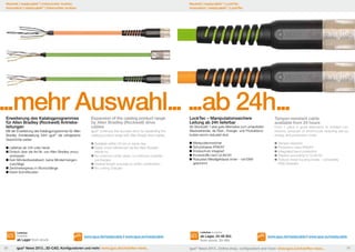 Neuheit | readycable® | Intercontec locktec
Innovation | readycable® | Intercontec locktec

Neuheit | readycable® | LockTec
Innovation | readycable® | LockTec

...mehr Auswahl... ...ab 24h...
Erweiterung des Katalogprogrammes
für Allen Bradley (Rockwell) Antriebsleitungen

Expansion of the catalog product range
by Allen Bradley (Rockwell) drive
cables

Mit der Erweiterung des Katalogprogrammes für Allen
Bradley Antriebsleitung führt igus® die erfolgreiche
Geschichte weiter.

igus® continues the success story by expanding the
catalog product range with Allen Bradly drive cables.

Lieferbar ab 24h oder heute
Einfach über die Art.Nr. von Allen Bradley umzu-	
	schlüsseln
Kein Mindestbestellwert, keine Mindermengen-	
	zuschläge
Zentimetergenau in Wunschlänge
Keine Schnittkosten

Lieferbar
Available

ab Lager from stock
90

Available within 24 hrs or same day
Easily cross-referenced via the Allen Bradley 	
	 article no.
No minimum order value, no minimum quantity 	
	surcharges
Desired length accurate to within centimeters
No cutting charges

LockTec – Manipulationssichere
Leitung ab 24h lieferbar

Ab Stückzahl 1 eine gute Alternative zum umspritzten
Steckverbinder, da Rüst-, Energie- und Produktionskosten enorm reduziert sind.
	Manipulationssicher
	Schutzklasse IP66/67
	Knickschutz integriert
	Kunststoffe nach UL94/V0
	Robustes Metallgehäuse innen - voll EMV
	geschirmt

Tamper-resistant cable
available from 24 hours

From 1 piece a good alternative to molded connectors, because of enormously reducing set-up,
energy and production costs.
	Tamper-resistant
	Protection class IP66/67
	Integrated bend protection
	Plastics according to UL94/V0
	Robust metal housing inside – completely
	 EMV shielded

Lieferbar Available

www.igus.de/readycable | www.igus.eu/readycable

igus® News 2013...3D-CAD, Konfiguratoren und mehr: www.igus.de/chainflex-news...

ab Lager, 24-48 Std.
from stock, 24-48h

www.igus.de/readycable | www.igus.eu/readycable

igus® News 2013...Online shop, configurators and more: www.igus.eu/chainflex-news...

91

 