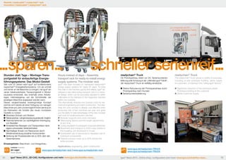 Neuheit | readycable® | readychain® rack
Innovation | readycable® | readychain® rack

...sparen...
Stunden statt Tage – Montage-Transportgestell für einbaufertige Energieführungssysteme: Das Modul-Gestell

Seit rund 20 Jahren setzt igus® auf konfektionierte
readychain® Energiekettensysteme. Um sie schnell
und sicher an die Maschine zu bringen, hat igus® ein
neues teleskopierbares Transportgestell in Modulbauweise entwickelt, das innerhalb eines Arbeitstages millimetergenau auf die Schnittstelle der
jeweiligen Maschine angepasst werden kann.
Dieses vergleichsweise kostengünstige Konzept
rechnet sich bereits ab einer Fertigung von wenigen
Maschinen pro Jahr und ermöglicht Ihnen damit auch
bei Kleinserien die Vorteile des neuen modularen
Gestells zu nutzen.
	Modulare Stützen und Streben
	Teleskopierbar, Längenanpassung jederzeit möglich
	Rastmechanismen zur nachträglichen Anbringung 	
	 von Bauteilen
	Kinderleichtes Bewegen und Transportieren dank 	
	 eigens entwickelter Verfahreinheiten
	Nachhaltiger Einsatz von Ressourcen durch
	 Wiederverwendung einzelner Komponenten
	Senkung der Prozesskosten bis zu 50% über den 	
	Gesamtprozess
	
Einsatzgebiete: Maschinen- und Anlagenbau
Lieferbar Available

ab Lager
from stock
92

schneller serienreif...

Hours instead of days – Assembly
transport rack for ready-to-install energy
supply systems: The modular rack

igus® has been focused on harnessed readychain®
energy supply systems for nearly 20 years. To bring
the chain to the machine quickly and reliably, igus® developed a new telescoping transport rack in a modular design, which can be accurately adjusted to within
millimeters to the interface of the respective machine
within one workday.
This dramatically reduces your process costs for mechaincal engineering and plant construction. This relatively low cost concept is already cost effective when
producing only of few machines per year, and gives
you the ability to take advantages of the new modular
rack even for small production volumes.
	Modular supports and cross-members
	Telescoping feature permits length adjustments 	
	 at any time
	Locking mechanism for subsequent component attachment
	Movement and transport is child‘s play thanks to
	 the travelling unit developed in-house
	Sustainable use of resources by repeated use of
	 individual components
	Reduce process costs up to 50% across the
	 entire process

readychain® Truck

readychain® Truck

Ob Prototypenbau direkt vor Ort, Serienkundenbelieferung oder Schulung in der „rollenden igus® Fabrik“,
der readychain®-Truck ist vielfältig einsetzbar.

The readychain® truck serves a variety of purposes,
including on-site prototype building, series supply
to customers, or training in the ”rolling igus® factory“.

	Starke Reduzierung der Prototypenphase durch 	
	 Prototypenbau beim Kunden
	Serienkundenbelieferung

	Significant reduction of the prototype phase
	 Prototype building at the customer
	Series customer supply

Applications: engineering, plant construction
www.igus.de/readychain-rack | www.igus.eu/readychain-rack

igus® News 2013...3D-CAD, Konfiguratoren und mehr: www.igus.de/chainflex-news...

www.igus.de/readychain-TRUCK
www.igus.eu/readychain-TRUCK
igus® News 2013...Online shop, configurators and more: www.igus.eu/chainflex-news...

93

 