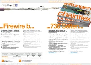 Erweiterung | chainflex® | alle Leitungen auch im Katalog finden
Extension | chainflex® | find all our cables also in our print catalog

Neuheit | chainflex® | Firewire b/ IEEE1349b
Innovation | chainflex® | Firewire b/ IEEE1349b

...Firewire b...				...736 Seiten...
IEEE 1394b – Firewire b Busleitung

IEEE 1394b – Firewire b bus cable

	Firewire b Kamera Leitung für die Dauerbewe-	
	 gung in der e-kette®
	Bis 5m Übertragungslänge
	Optimierter Gesamtschirm und Paarschirme
	Lieferbar in 2 Mantelqualitäten: PVC und PUR
	mit UL, CSA DESINA,
	Biegeradius 12,5 x d

	FireWire b cable for moving energy supplies in 	
	 digital camera technology.
	Transmission lengths of up to 5 m
	Optimized overall shield and pair shield
	Available in 2 outer jacket qualities:
	 PVC and PUR
	With UL, CSA DESINA
	Bending radius moved minimum 12,5 x d

Typische Anwendungsbereiche CFBUS.PVC/PUR:
	Je nach Type für mittlere bis höchste Beanspru-	
	chung
	Leichte bis nahezu uneingeschränkte
	Ölbeeinflussung
	Freitragend
	Inspektionssysteme, Qualitätsüberwachung, 	
	 Reinraum und Halbleiterbestückung

Typical application areas CFBUS.PVC/PUR:
	Depending on the type for medium to maximun 	
	 load requirements
	Light to almost unlimited resistance to oil
	Unsupported
	Inspection systems, quality monitoring, clean 	
	 room and semiconductor insertion

Bestellnummer
Part Number

Aderzahl und Leiternennquerschnitt
cross section, number of cores
[mm2]

[mm]

[kg/km]

(2x(2x0,15)C+2x0,38)C

9,0

61

(2x(2x0,15)C+2x0,38)C

9,0

61

Bestellen Sie ihr kostenloses Exemplar:
www.chainflex.de

The catalogue clearly lists details of technical properties on 736 pages – from fibre optic to servo
cables, from control to FireWire bus cables for use
in energy chains – including permissible bending radius, maximum travel speed and parameters such
as length of travel and temperature.
	Content lists with all details of technical properties
	Clear colored design on the cable series and
	accessories
	Description of 15 test examples
	Fold-out cover to view the icons used in the 	
	catalog
	All news and program extensions of 04/2013 	
	 already see in catalog
Order your copy free of charge:
www.chainflex.de

99

CFBUS.PUR.056

94

ab Lager from stock
114

Gewicht
weight

Auf 736 Seiten werden von Lichtwellen- bis Servoleitung, von Steuer- bis FireWire-Busleitung für den
Energieketteneinsatz, detailliert und sehr übersichtlich sämtliche technischen Eigenschaften aufgeführt,
so z.B. der zulässige Biegeradius, die maximale Verfahrgeschwindigkeit, Parameter wie Verfahrweg und
Temperatur.
	Inhaltsübersicht mit allen technischen
	Eigenschaften
	Übersichtliche farbige Gestaltung nach Leitungs-	
	 serien und Zubehör
	Beschreibung von 15 Testbeispielen
	Ausklappbarer Umschlag zur Ansicht der im 	
	 Katalog verwendeten Icons
	Alle Neuheiten und Programmerweiterungen 	
	 04/2013 bereits im Katalog bestellbar

Allways up-to-date: New catalogs
every year – hot off the press right
now at our booth in Hanover

[kg/km]

CFBUS.PVC.056

Lieferbar Available

Außen-Ø ca. Kupferzahl
outer Ø ca. copper index

Immer aktuell: Neue Kataloge im
Halbjahresrhythmus – druckfrisch zur
Hannovermesse

Online finden & berechnen
Find & calculate online

igus® News 2013...3D-CAD, Konfiguratoren und mehr: www.igus.de/chainflex-news...

igus® News 2013... 3D-CAD, configurators and more: www.igus.eu/chainflex-news...

115

 