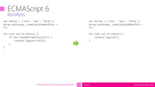 JavaScript Open Day#jsod
function NumberIterator(arr) {
this['@@iterator'] = function () {
var index = 0;
return {
next: f...