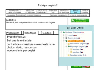 Rubrique onglets 2 Rondes Concours design Démonstrations et    essais de conduite Conférences Tribunes Parade  Le Rallye Bloc texte pour une petite introduction, commun aux onglets EN Back Office : MICHELIN S'ENGAGE  BERLIN 2011  S'IMPLIQUER AU QUOTIDIEN  INTERVIEWS LIVE  ACTUALITES & EVENEMENTS  DECOUVRIR LES SOLUTIONS  COMPRENDRE LA MOBILITE DURABLE EDITIONS PRECEDENTES A PROPOS DU CHALLENGE EN DIRECT DE BERLIN SPONSORS PROGRAMME Téléchargement Event brochure Participant Guide Résultats Reportages Présentation Type d’onglet 2 : Soit une liste d’article ou 1 article « classique » avec texte riche,  photos, vidéo, ressources,  indépendants par onglet 