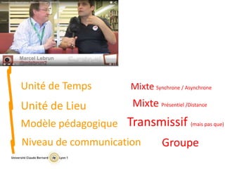 Niveau de communication Groupe
Unité de Temps Mixte Synchrone / Asynchrone
Unité de Lieu
Modèle pédagogique
Mixte Présentiel /Distance
Transmissif (mais pas que)
 