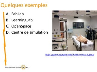 Quelques exemples
A. FabLab
B. LearningLab
C. OpenSpace
D. Centre de simulation
https://www.youtube.com/watch?v=xVL5h0ScEzI
 