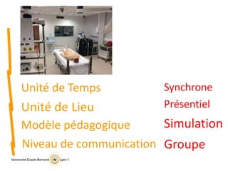Niveau de communication Groupe
Unité de Temps Synchrone
Unité de Lieu Présentiel
Modèle pédagogique Simulation
 