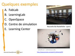 Quelques exemples
A. FabLab
B. LearningLab
C. OpenSpace
D. Centre de simulation
E. Learning Center
Nouvelle BU Rockefeller Lyon1
https://www.youtube.com/watch?v=KoHamIrp2P0
 