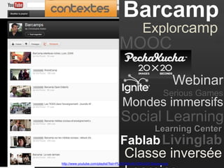 Barcamp
Explorcamp
http://www.youtube.com/playlist?list=PLD9764AA6100DA00C&feature=pl
Serious Games
Mondes immersifs
Livinglab
MOOC
Learning Center
Fablab
Social Learning
Classe inversée
Webinar
 