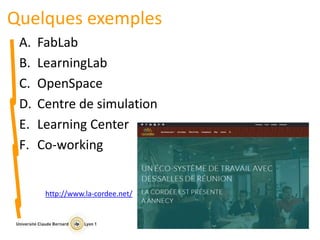 Quelques exemples
A. FabLab
B. LearningLab
C. OpenSpace
D. Centre de simulation
E. Learning Center
F. Co-working
http://www.la-cordee.net/
 
