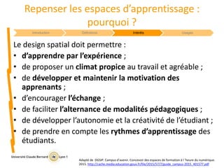 Repenser les espaces d’apprentissage :
pourquoi ?
Le design spatial doit permettre :
• d’apprendre par l’expérience ;
• de proposer un climat propice au travail et agréable ;
• de développer et maintenir la motivation des
apprenants ;
• d’encourager l’échange ;
• de faciliter l’alternance de modalités pédagogiques ;
• de développer l’autonomie et la créativité de l’étudiant ;
• de prendre en compte les rythmes d’apprentissage des
étudiants.
Adapté de DGSIP. Campus d’avenir. Concevoir des espaces de formation à l ’heure du numérique.
2015. http://cache.media.education.gouv.fr/file/2015/57/7/guide_campus-2015_401577.pdf
Introduction Définitions Intérêts Usages
 