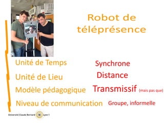 Niveau de communication Groupe, informelle
Unité de Temps Synchrone
Unité de Lieu
Modèle pédagogique
Distance
Transmissif ...