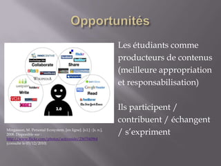 Opportunités<br />Les étudiants comme<br />producteurs de contenus<br />(meilleure appropriation<br />et responsabilisatio...