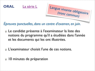ORAL         La série L         Langue v
                                         ivante o
                                    (tronc co    bligatoir
                                              mmun)       e

Épreuves ponctuelles, dans un centre d’examen, en juin.
   Le candidat présente à l'examinateur la liste des
   notions du programme qu'il a étudiées dans l'année
   et les documents qui les ont illustrées.

   L'examinateur choisit l'une de ces notions.

   10 minutes de préparation
 