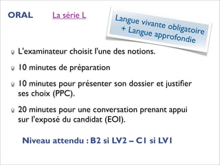 ORAL       La série L        Langue v
                                      ivante o
                               + Langu        bligatoir
                                       e approf        e
                                               ondie
 L'examinateur choisit l'une des notions.
 10 minutes de préparation
 10 minutes pour présenter son dossier et justiﬁer
 ses choix (PPC).
 20 minutes pour une conversation prenant appui
 sur l'exposé du candidat (EOI).

  Niveau attendu : B2 si LV2 – C1 si LV1
 